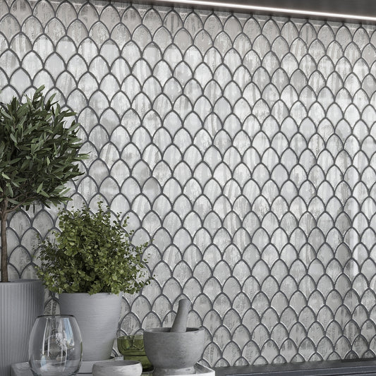 Silver 11x11 Glossy Fan Fish Scale Glass Mosaic Tile (10 pack, 8.48 sq ft/case)