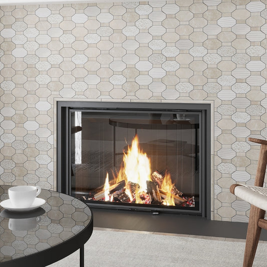 beige polished etched hexagon crema marfil marble mosaic tile wall around fireplace
