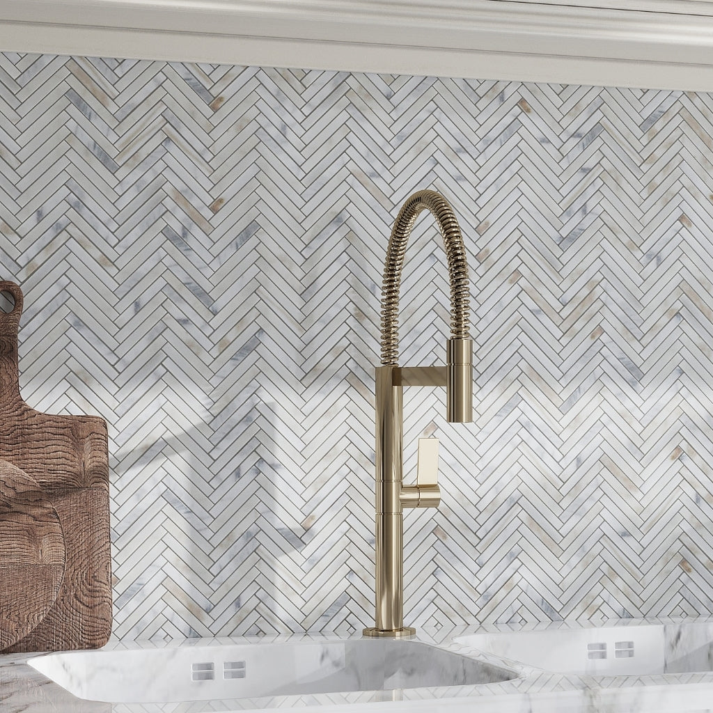 White Gray 11x11 Honed Herringbone Calacatta Gold Mosaic Tile (5 pack, 4.2 sq ft/case)