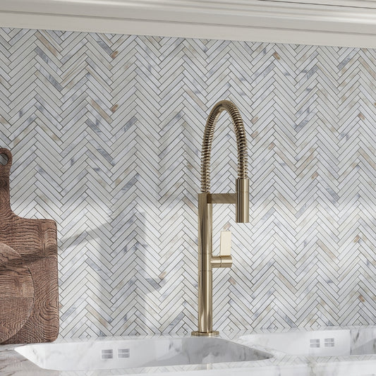 White Gray 11x11 Honed Herringbone Calacatta Gold Mosaic Tile (5 pack, 4.2 sq ft/case)