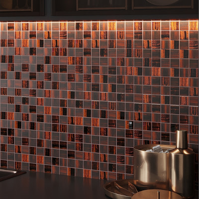 bronze 11x11 glossy matte square glass mosaic tile backsplash with rich copper and dark brown tones