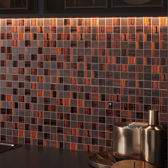 bronze 11x11 glossy matte square glass mosaic tile backsplash with rich copper and dark brown tones