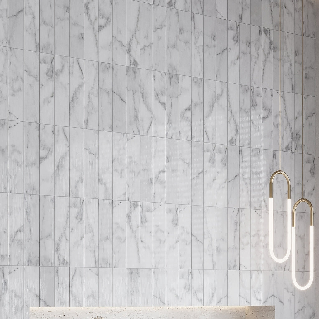 White 3x12 Textured Bianco Carrara Etched Linear Wave Elongated Subway Tile (5 sq ft/case, 20-Pack)