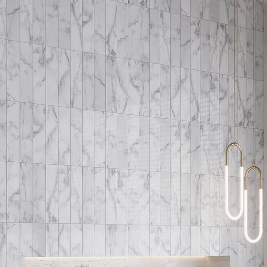 White 3x12 Textured Bianco Carrara Etched Linear Wave Elongated Subway Tile (5 sq ft/case, 20-Pack)