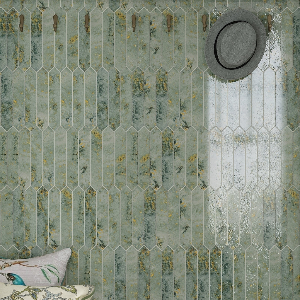 moss green 2x10 glossy picket ceramic wall tile with rustic glossy finish and geometric picket shape