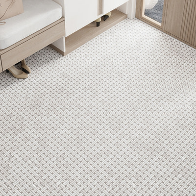 polished bianco carrara and eastern beige marble basketweave mosaic tile 11x11