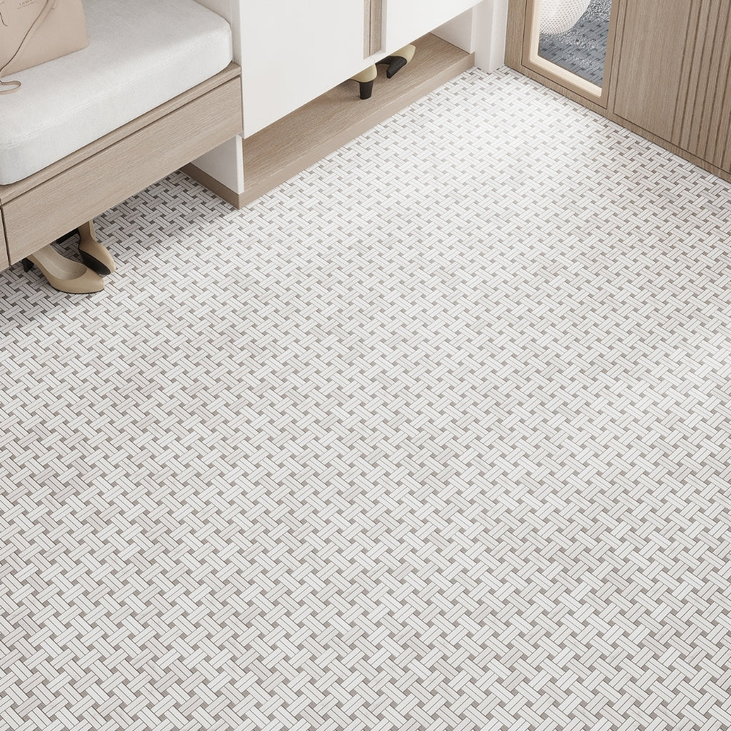 polished bianco carrara and eastern beige marble basketweave mosaic tile 11x11