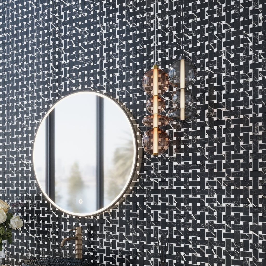 Nero Black, White 12x12 Matte Gres Porcelain Basketweave Mosaic Tile (5.82 sq ft/case, 6-Pack)