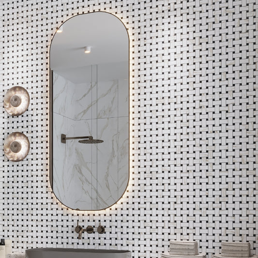 Ivory White, Black 12x12 Matte Gres Porcelain Basketweave Mosaic Tile (5.82 sq ft/case, 6-Pack)