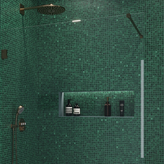 bottle green 12x12 glossy square glass mosaic tile shower wall with built-in shelf