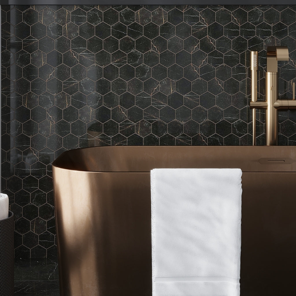 Sable Black 9x13 Polished Hexagon Porcelain Mosaic Tile (9 pack, 7.09 sq ft/case)