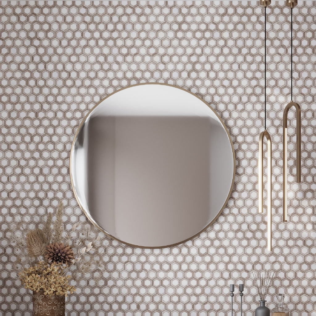 beige white 10x11 polished hexagon marble mosaic tile with wooden beige eastern white tones