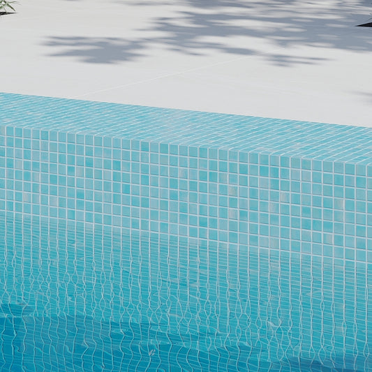 Glossy cyan blue 12x12 glass mosaic pool tiles with uniform square shape
