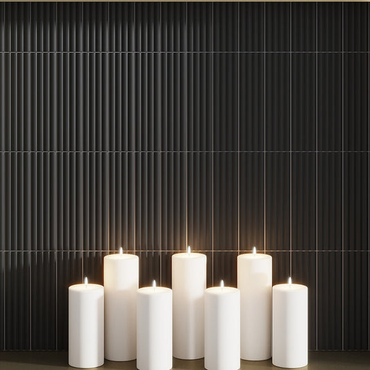 black 2x8 matte ceramic subway deco tile wall with vertical ridges