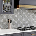 light gray 5x5 matte ceramic cross-shaped deco tile with star pattern kitchen backsplash