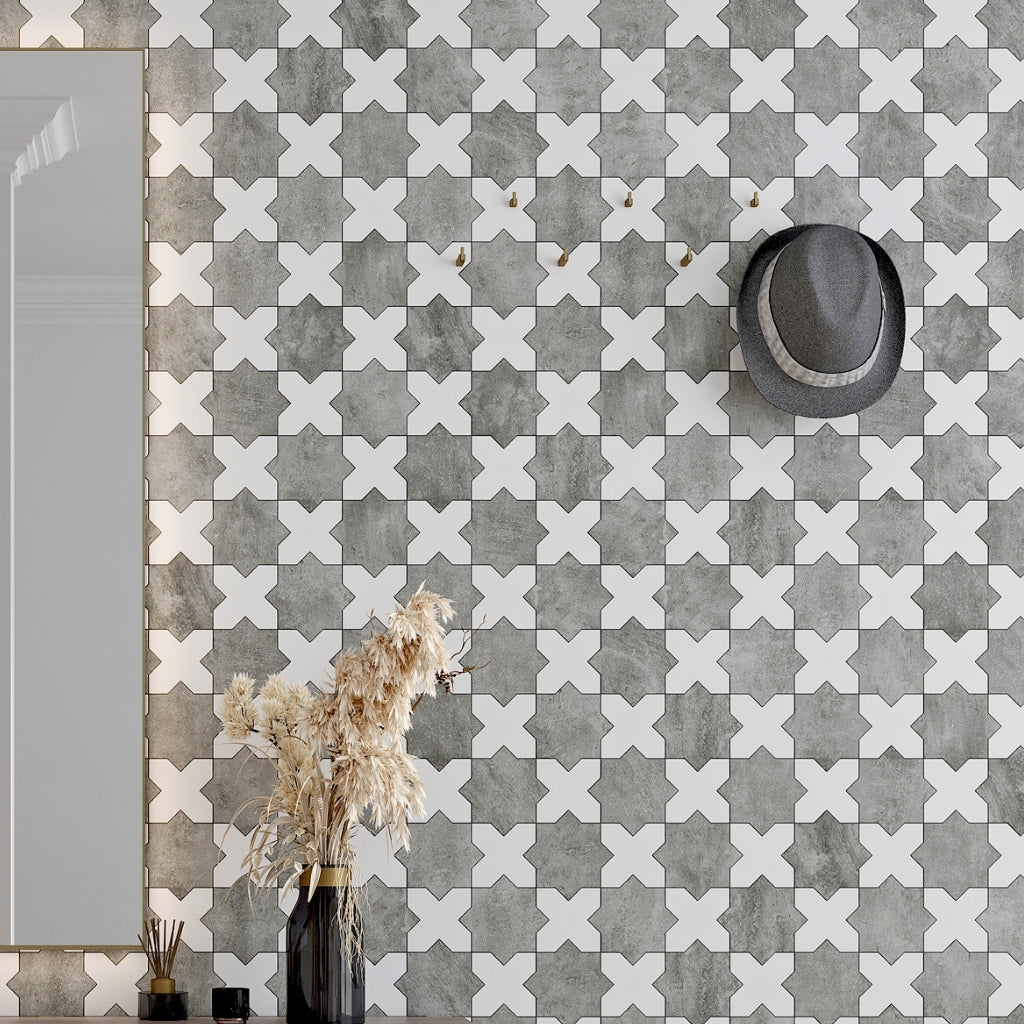 light grey 5x5 matte ceramic star tile with Moroccan design and matte finish