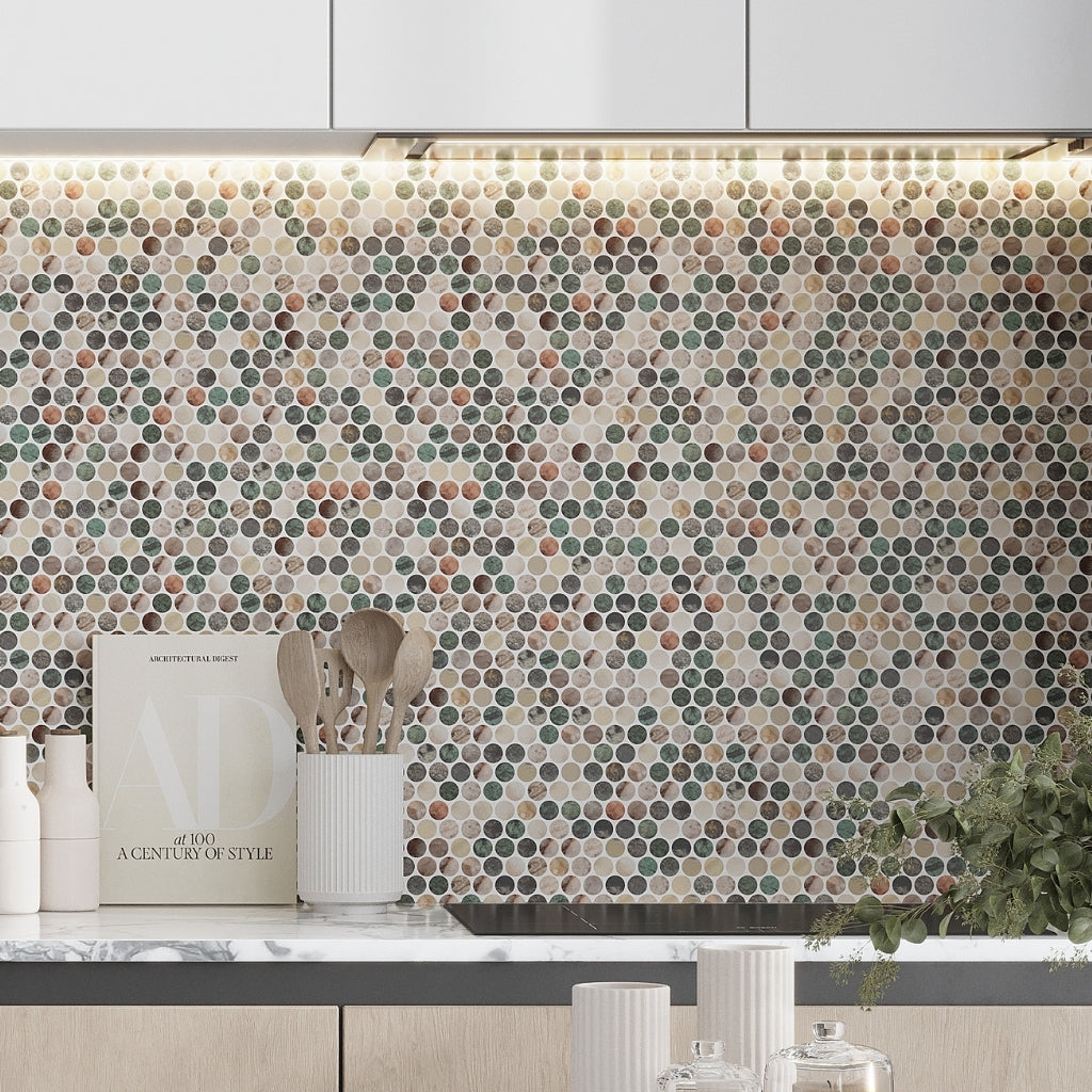 Green Beige 12x12 Matte Recycled Glass Round Mosaic Tile (10.56 sq ft/case, 12-Pack)