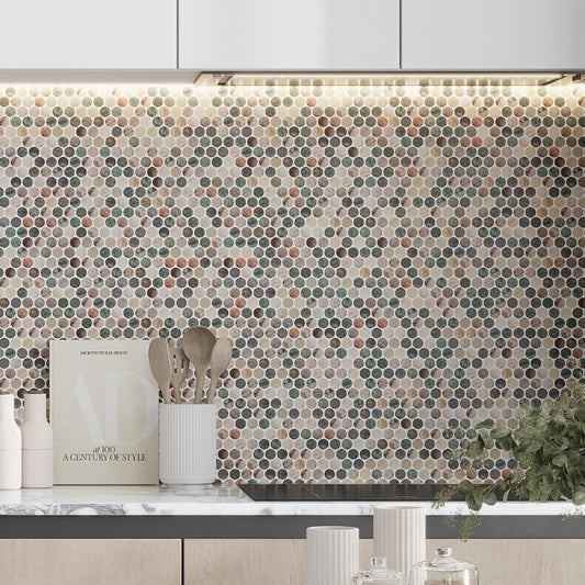 Green Beige 12x12 Matte Recycled Glass Round Mosaic Tile (10.56 sq ft/case, 12-Pack)