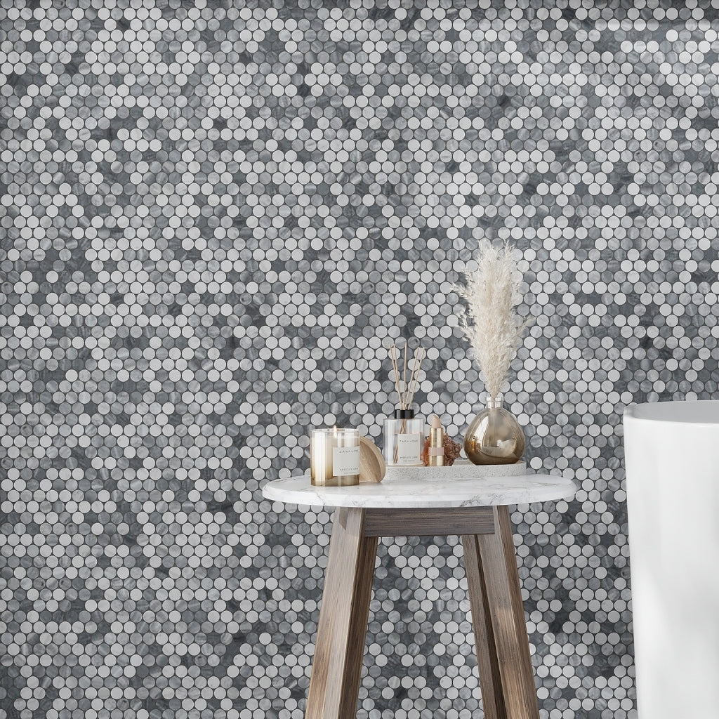 White Gray 11x12 Polished Penny Round Bardiglio Nuvolato Carrara Marble Mosaic Tile (5 pack, 4.83 sq ft/case)