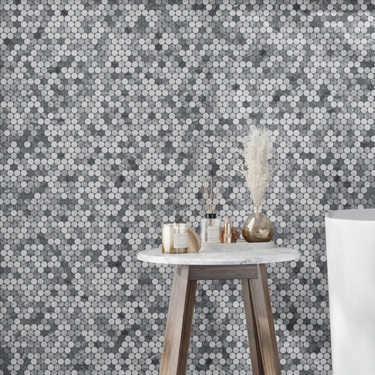 White Gray 11x12 Polished Penny Round Bardiglio Nuvolato Carrara Marble Mosaic Tile (5 pack, 4.83 sq ft/case)