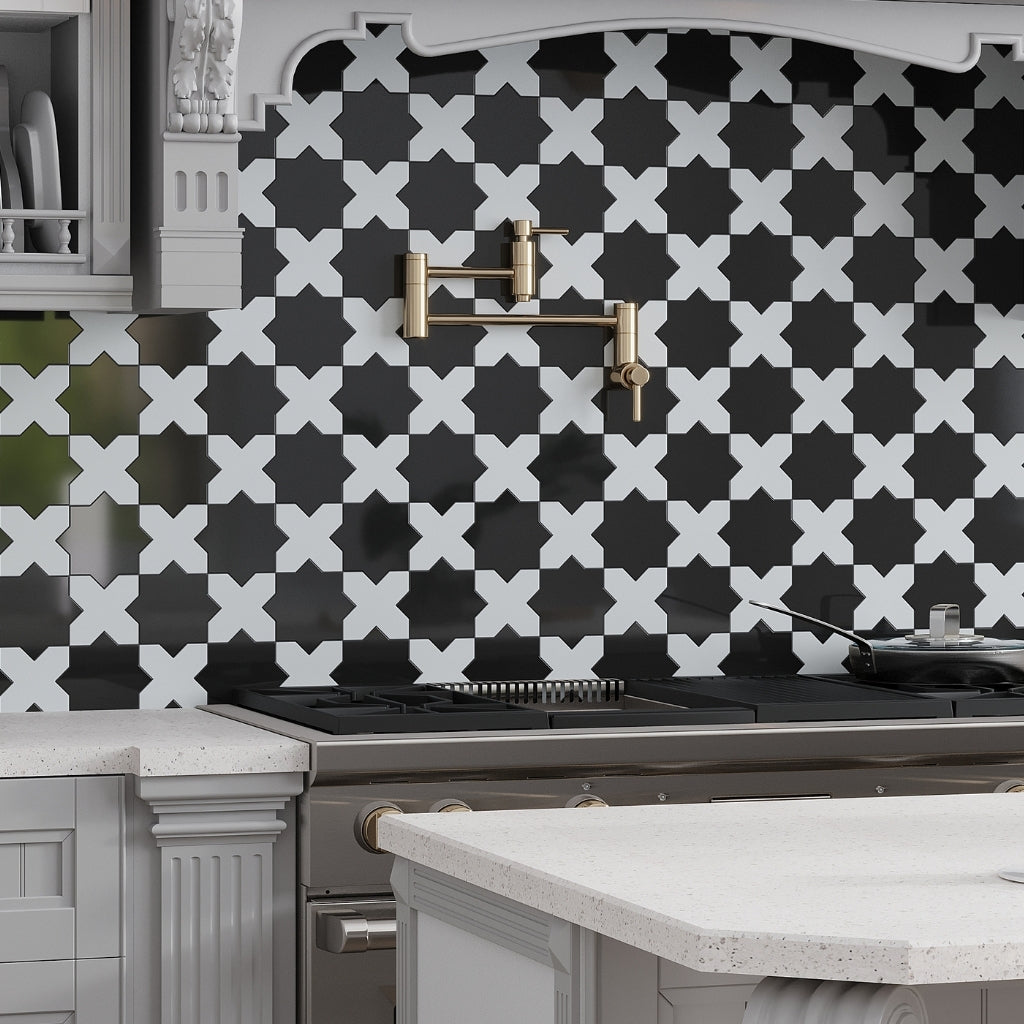 black glossy 5x5 ceramic star patterned tile backsplash with high reflectivity