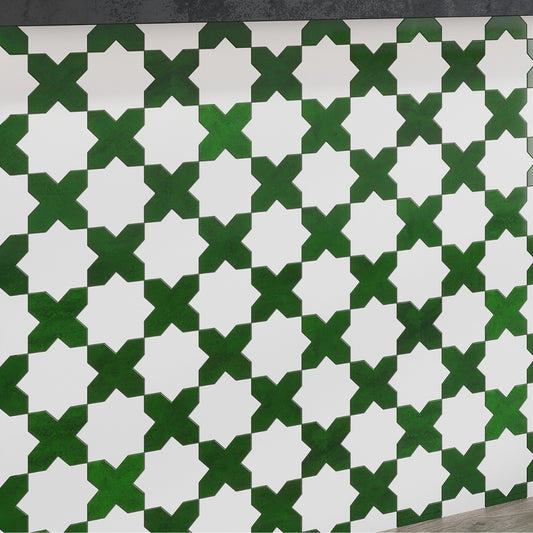 Dark green glossy ceramic star and cross patterned 5x5 inch wall tiles for backsplash or feature walls