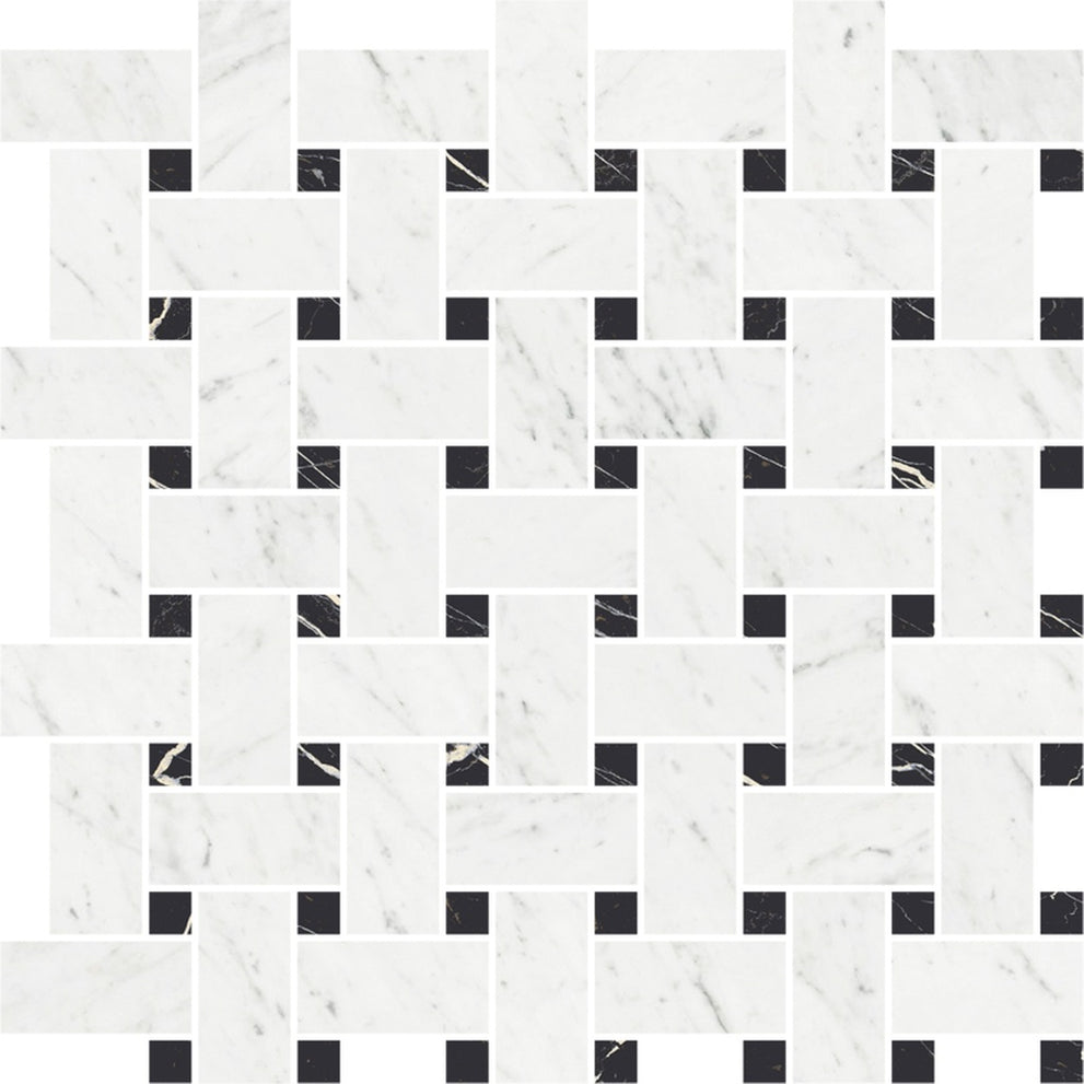 White and black matte gres porcelain basketweave mosaic tile in a marble-look finish