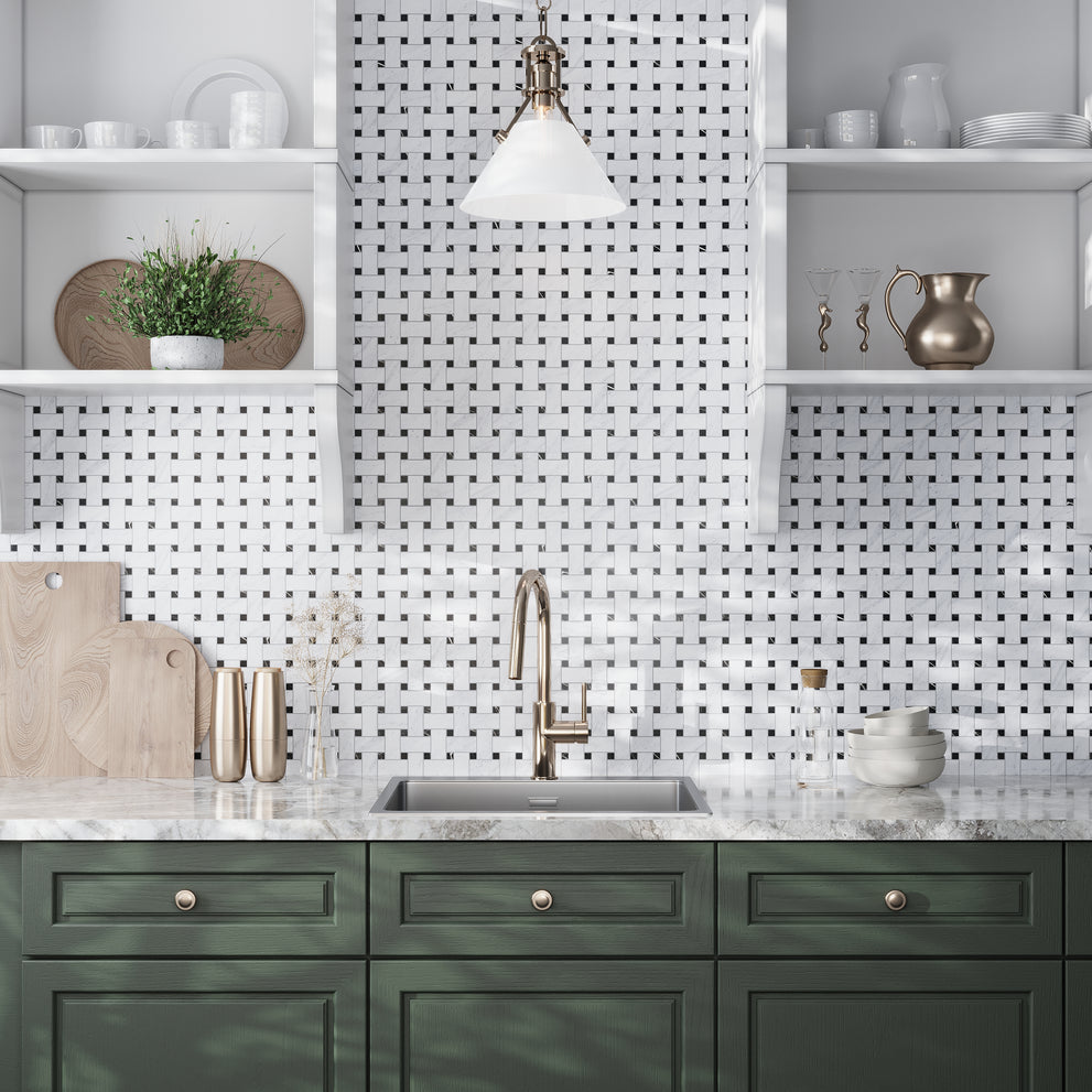 White and black matte gres porcelain basketweave mosaic tile in a marble-look finish