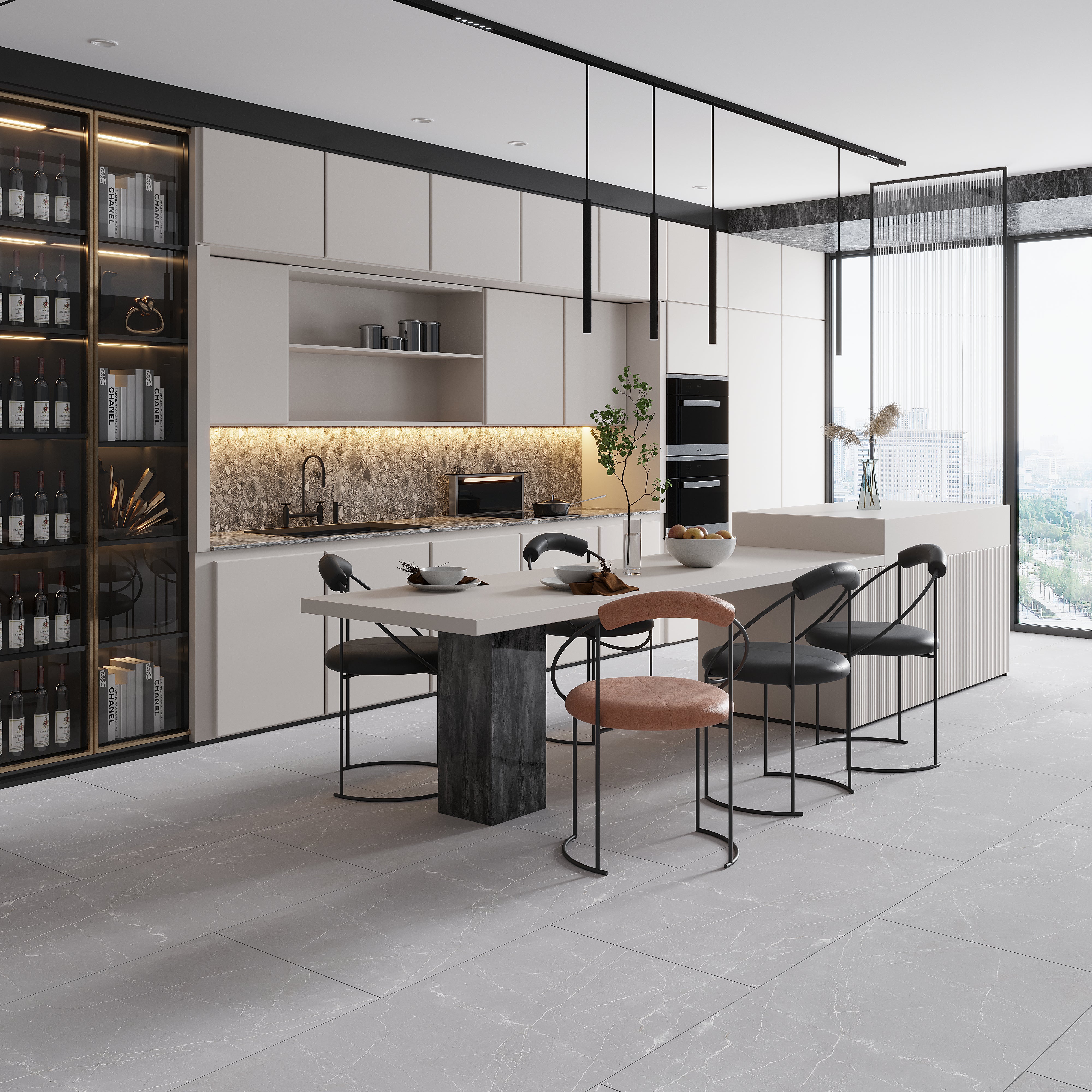 Kitchen floor tile ideas in ash gray matte porcelain large tile