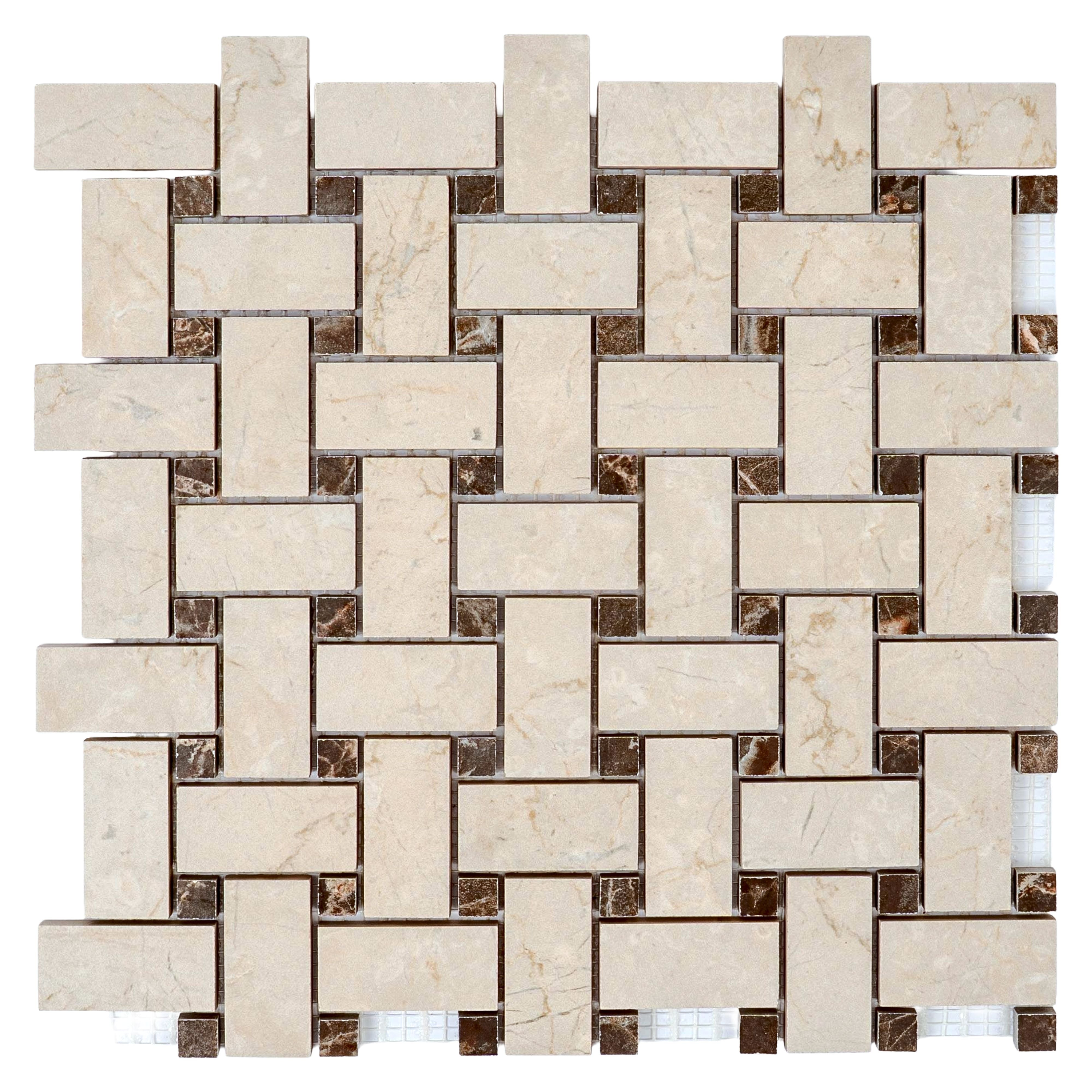Matte gres porcelain mosaic tile accent wall in beige and brown marble-look finish