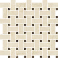 beige and brown 12x12 matte gres porcelain basketweave mosaic tile with cream and dark brown accents