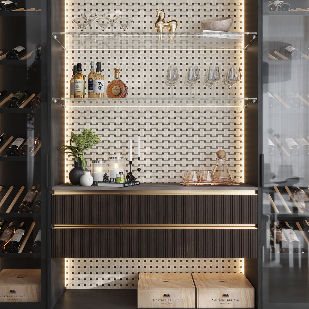 Matte gres porcelain mosaic tile accent wall in beige and brown marble-look finish