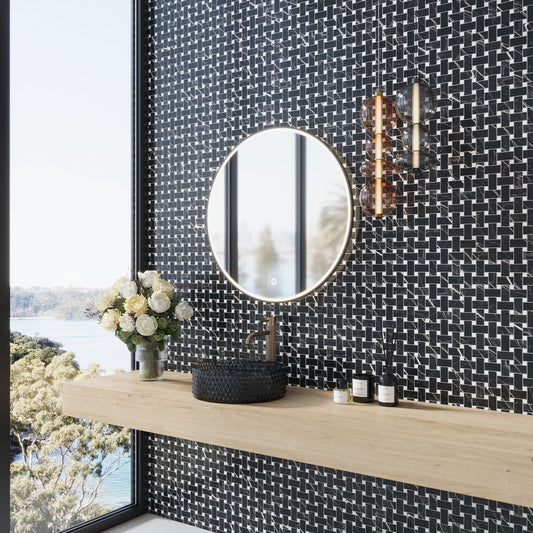Sample-Nero Black, White 12x12 Matte Gres Porcelain Basketweave Mosaic Tile (5.82 sq ft/case, 6-Pack)