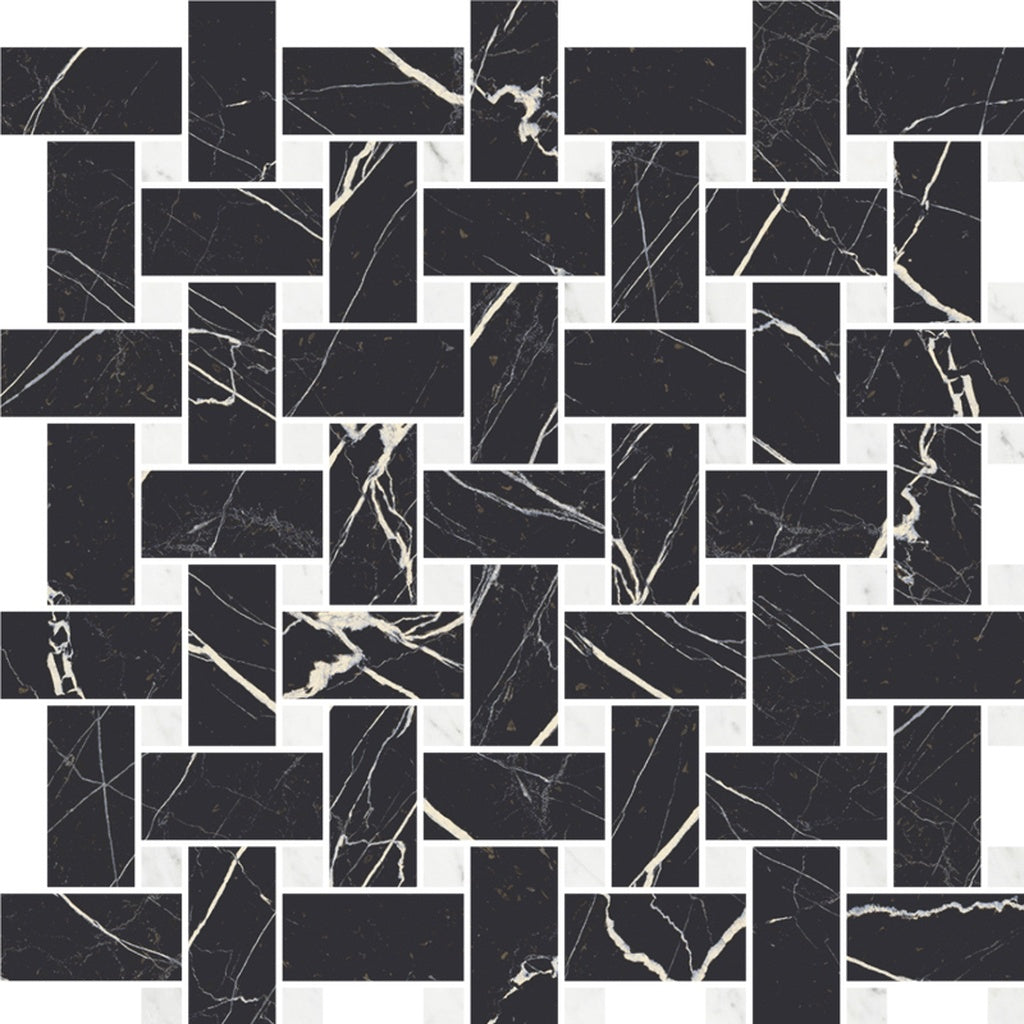 Nero Black, White 12x12 Matte Gres Porcelain Basketweave Mosaic Tile (5.82 sq ft/case, 6-Pack) - Sample