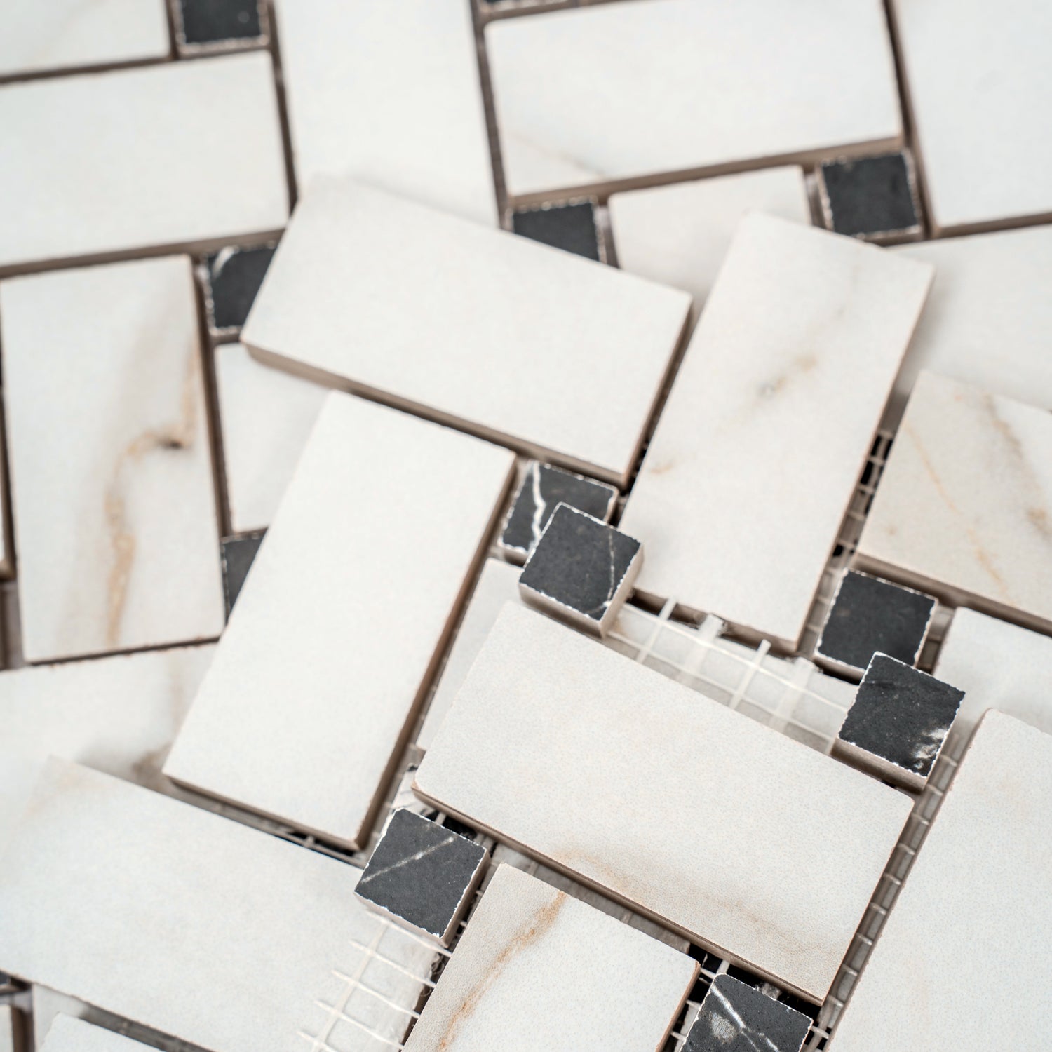 Ivory White, Black 12x12 Matte Gres Porcelain Basketweave Mosaic Tile (5.82 sq ft/case, 6-Pack) - Sample
