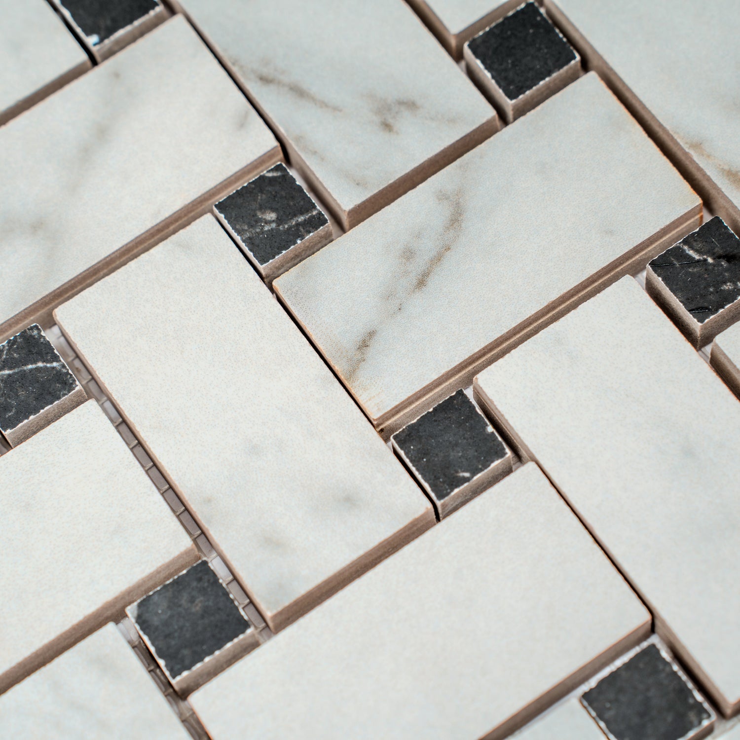 Ivory White, Black 12x12 Matte Gres Porcelain Basketweave Mosaic Tile (5.82 sq ft/case, 6-Pack) - Sample