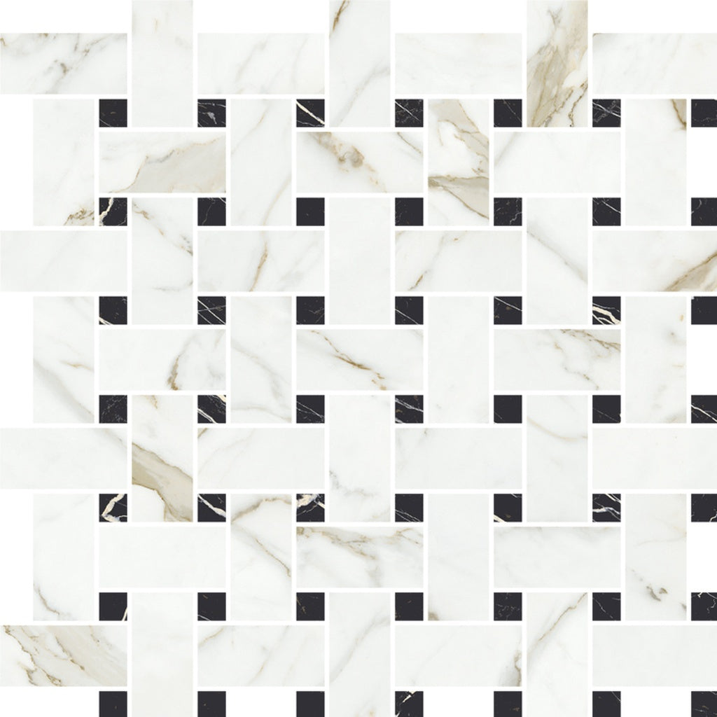 Ivory White, Black 12x12 Matte Gres Porcelain Basketweave Mosaic Tile (5.82 sq ft/case, 6-Pack)