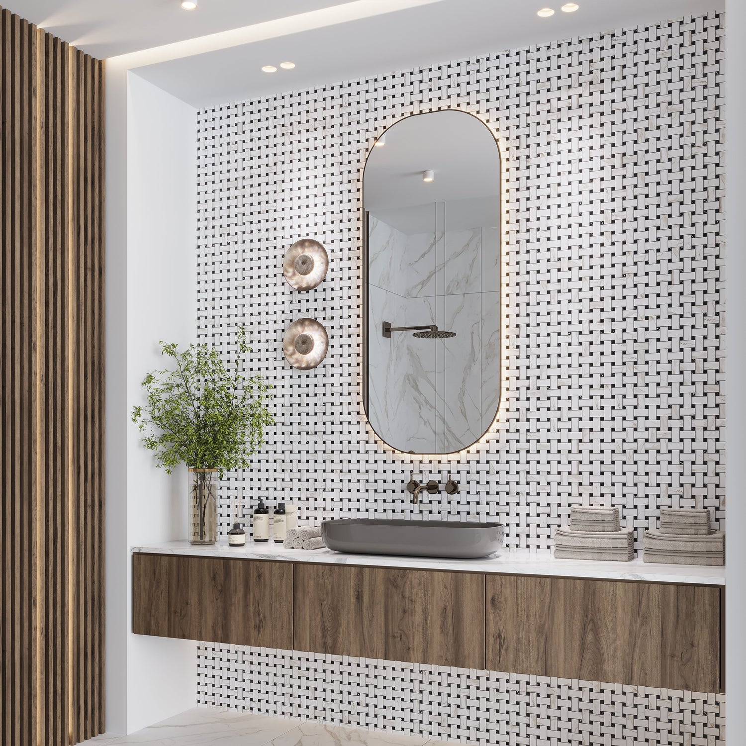 Ivory White, Black 12x12 Matte Gres Porcelain Basketweave Mosaic Tile (5.82 sq ft/case, 6-Pack) - Sample