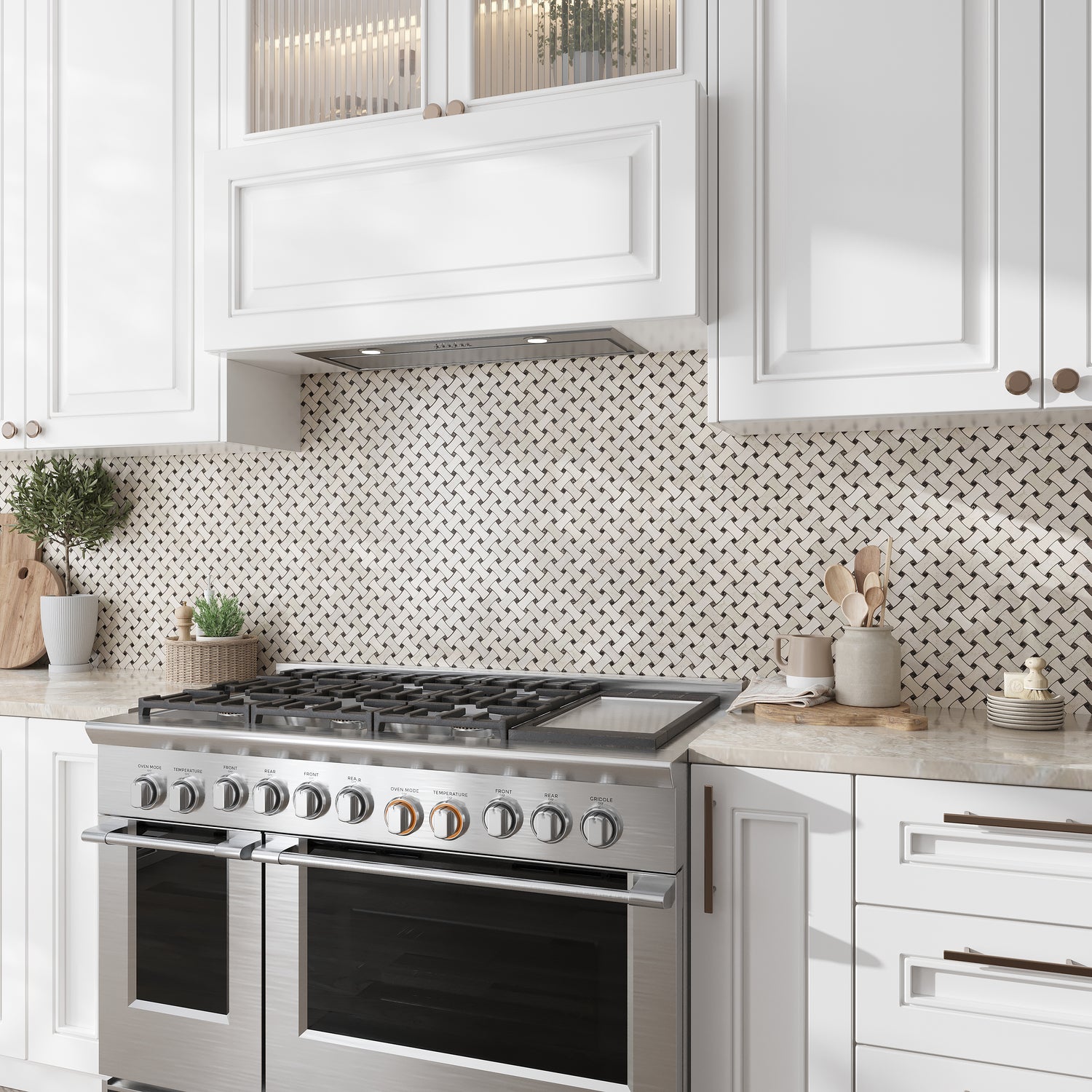 Beige 11x11 Polished Basketweave Crema Marfil Emperador Dark Marble Mosaic Tile (5 pack, 4.2 sq ft/case)