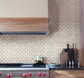Beige polished Crema Marfil and Emperador Dark marble basketweave mosaic tile on kitchen backsplash or bathroom wall