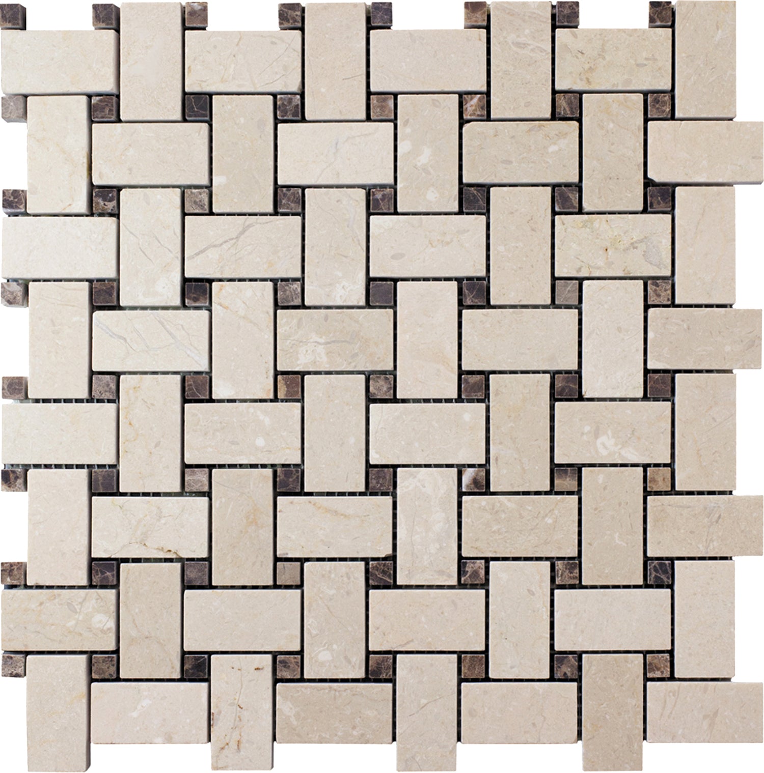 Ivory beige polished crema marfil and emperador dark marble basketweave mosaic tile with 5 pack coverage