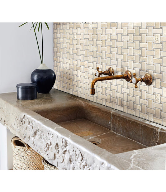 Ivory beige 12x12 polished Crema Marfil and Emperador dark marble basketweave mosaic tiles on wall