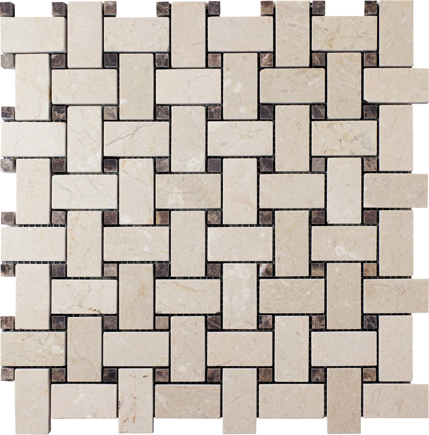 Sample - Ivory Beige 12x12 Polished Crema Marfil, Emperador Dark Marble Basketweave Mosaic tile (5 pack, 5 sq ft/case)