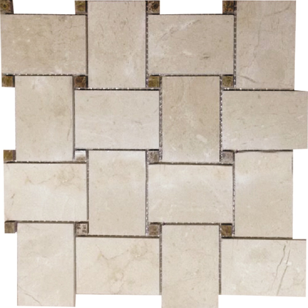 Sample - Sand Beige 11x11 Polished Crema Marfil, Emperador Light Marble Basketweave Mosaic tile (5 pack, 4.20 sq ft/case)