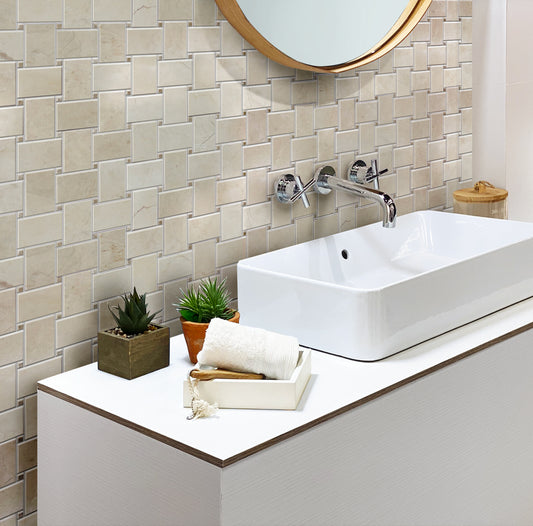 Sand beige polished 11x11 Crema Marfil Emperador light marble basketweave mosaic tile wall installation