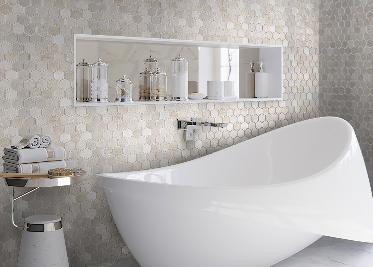 stone beige honed crema marfil marble hexagon mosaic tile wall in bathroom