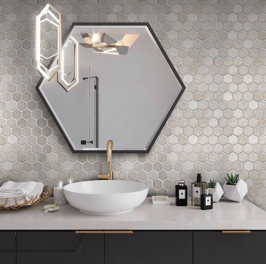 Stone beige honed crema marfil marble hexagon mosaic tile wall with subtle texture and natural veining