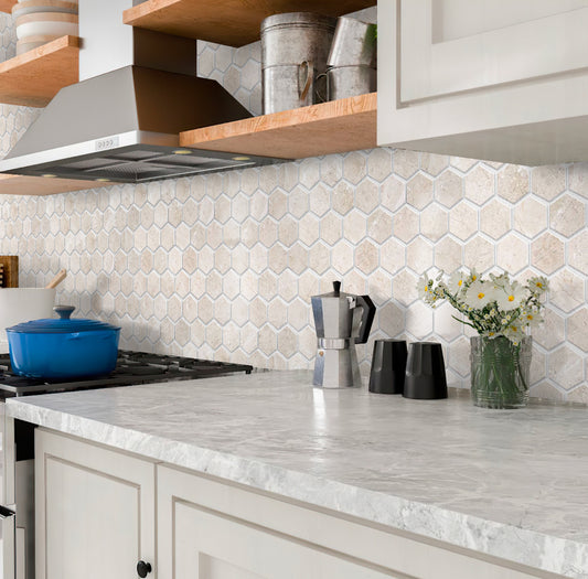 Light beige polished Crema Marfil marble hexagon mosaic tile backsplash with natural stone texture