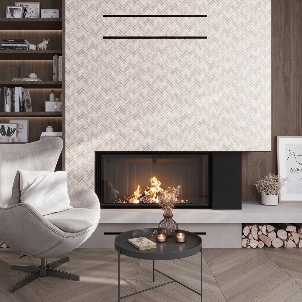 Sample - Ivory Beige 12x12 Polished Crema Marfil Marble Herringbone Mosaic tile (5 pack, 5.29 sq ft/case)