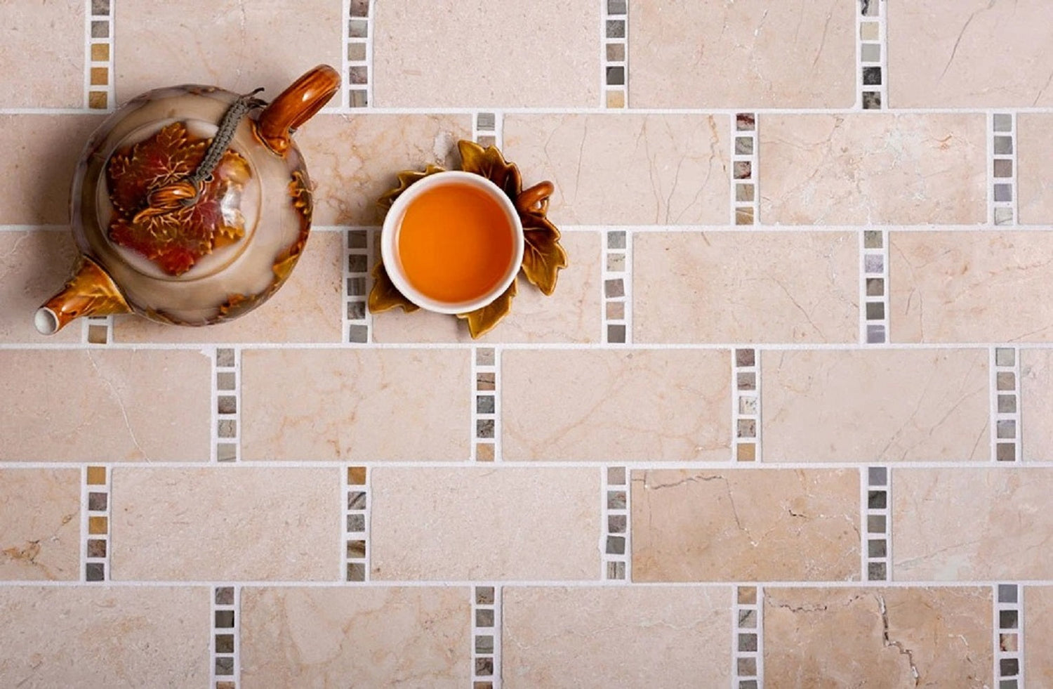 Sample - Stone Beige 12x13 Polished Crema Marfil, Dream Marble Brick Mosaic tile (5 pack, 5.28 sq ft/case)